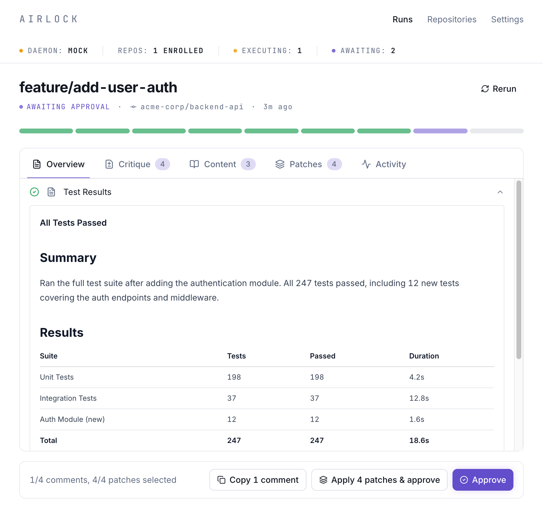 Overview tab showing test results with 247 tests passing
