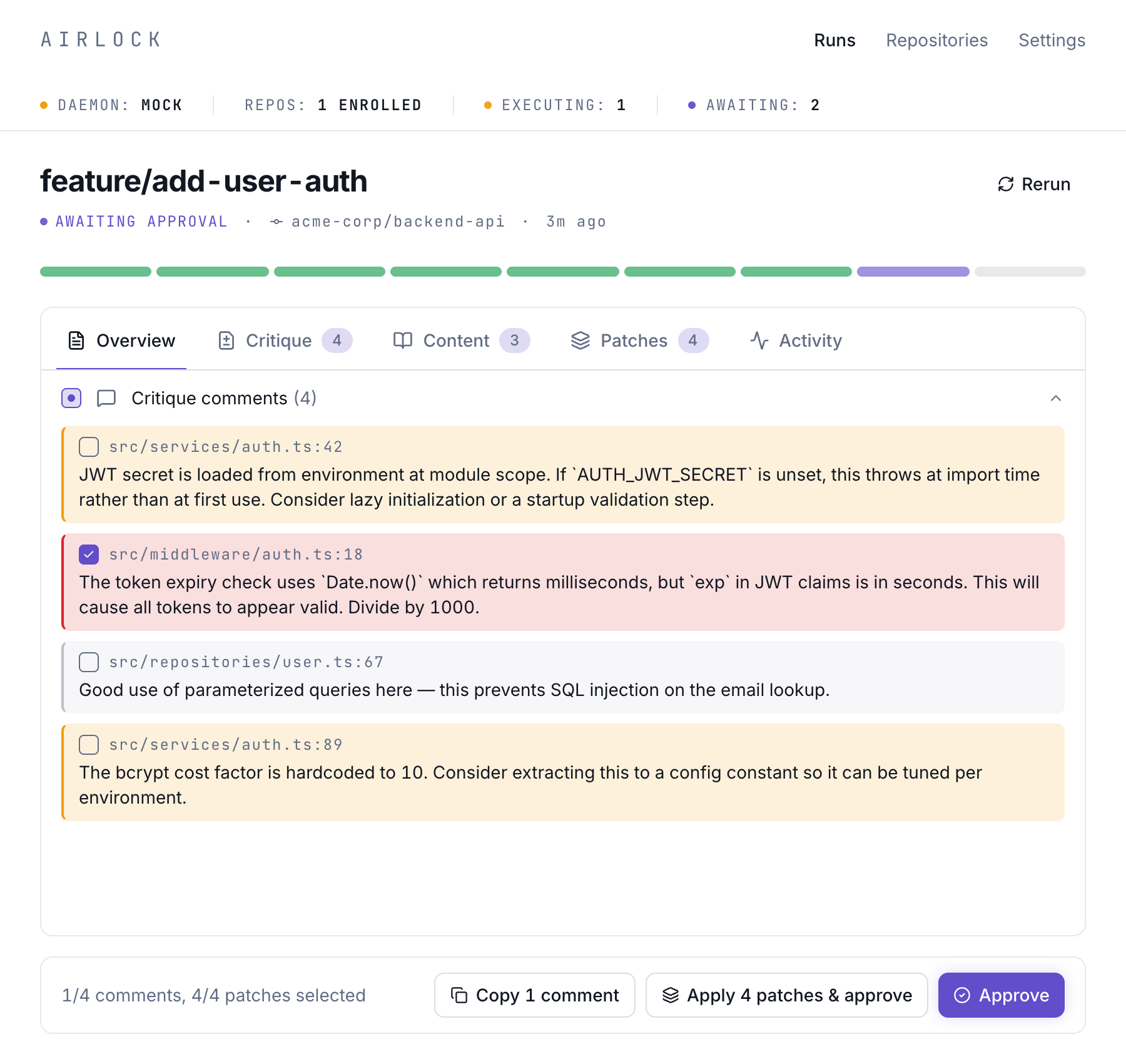 Critique tab with inline code review comments